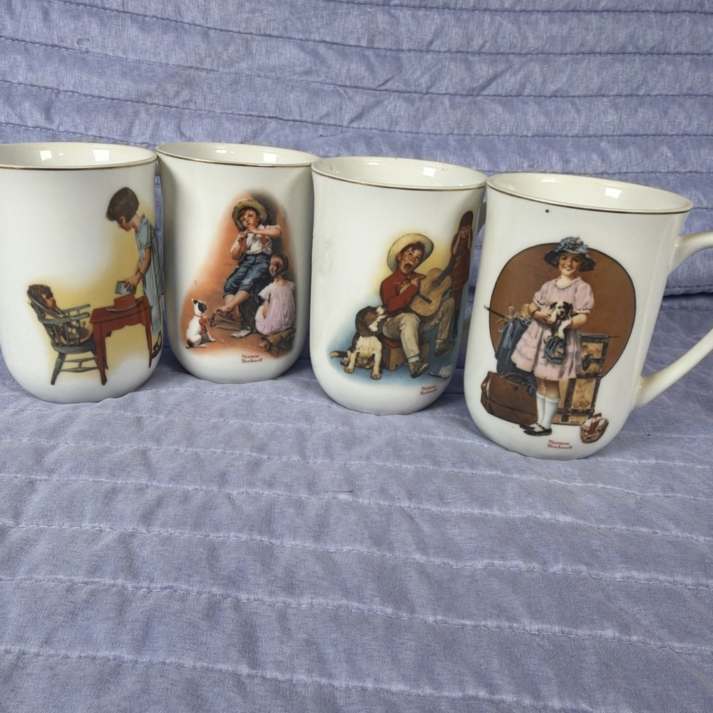 VTG Set of 4 Norman Rockwell Coffee Mugs 1981 Gold Trim Collectible Cups